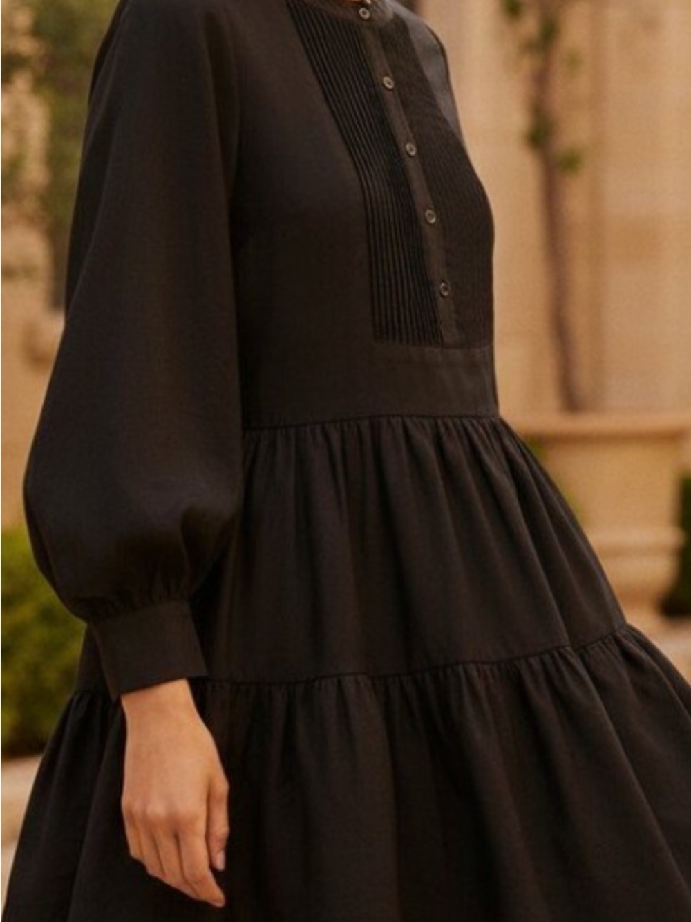 Hyacinth House Amie Mini Dress XS Black Tiered Pintuck Long Sleeve Old Money